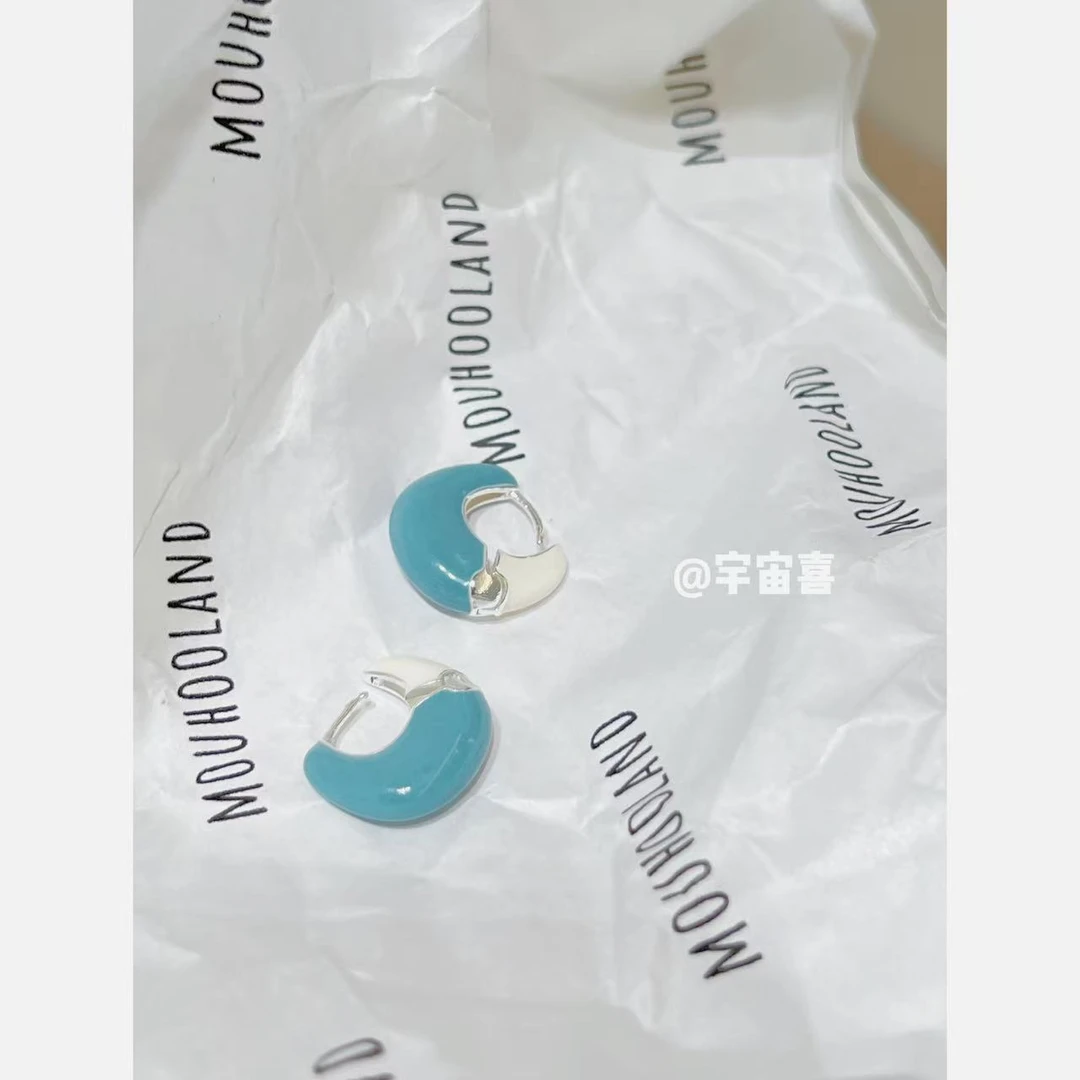 铜合金珐琅耳饰 C1-095【蓝白银白色小包空心迷你珐琅耳扣】