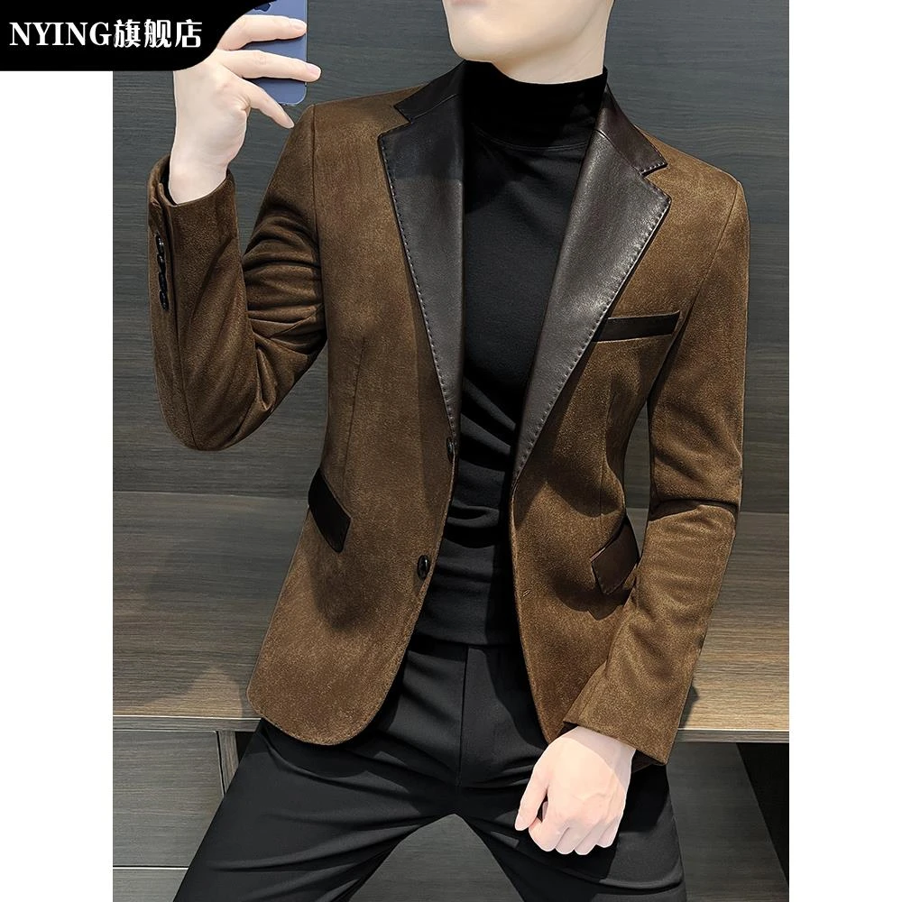 NYING休闲西装外套男士2025新款爆款秋季高级感痞帅拼皮西服男款