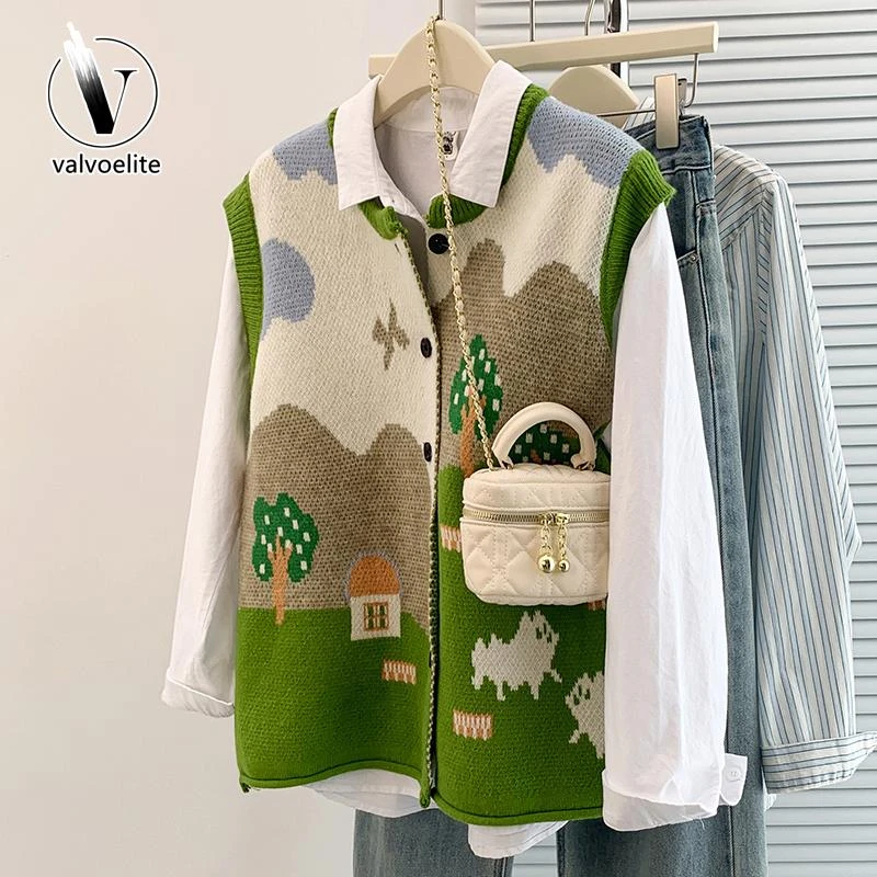 VALVOELITE春季韩系提花针织开衫马甲背心女叠穿大码无袖毛衣外套