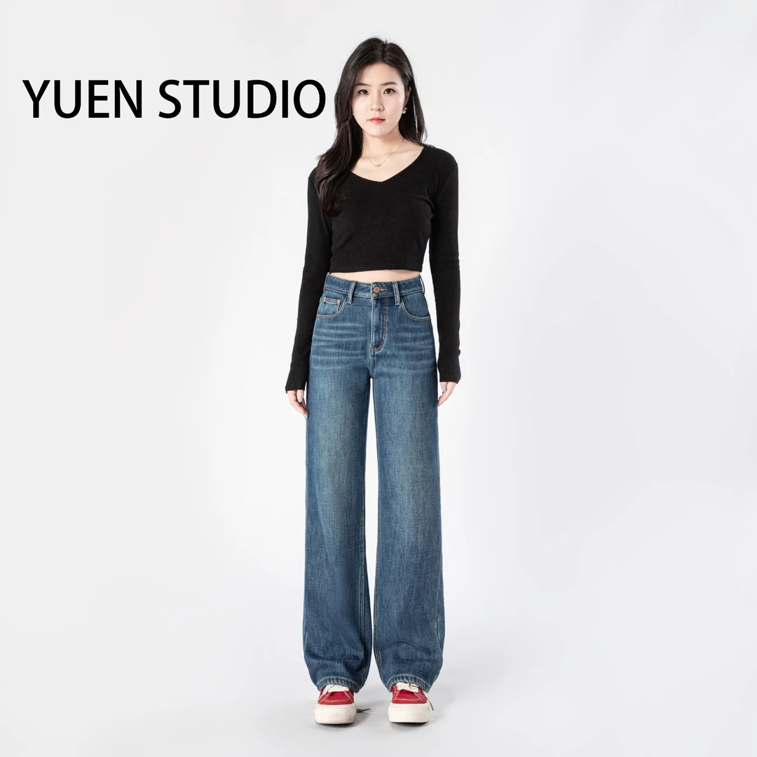 【YUEN】· 蓝采和 ·2025秋冬新款加绒显瘦牛仔裤弹力窄版直筒阔腿裤