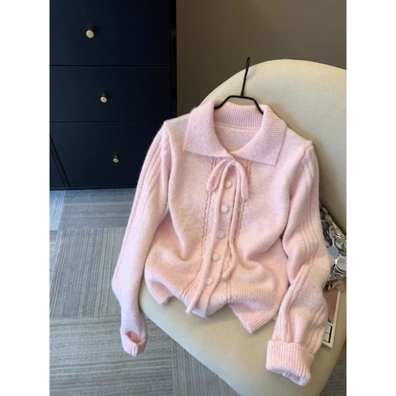 新品甜妹小香粉色毛衣女秋冬蝴蝶结系带翻领针织开衫高级保暖外套