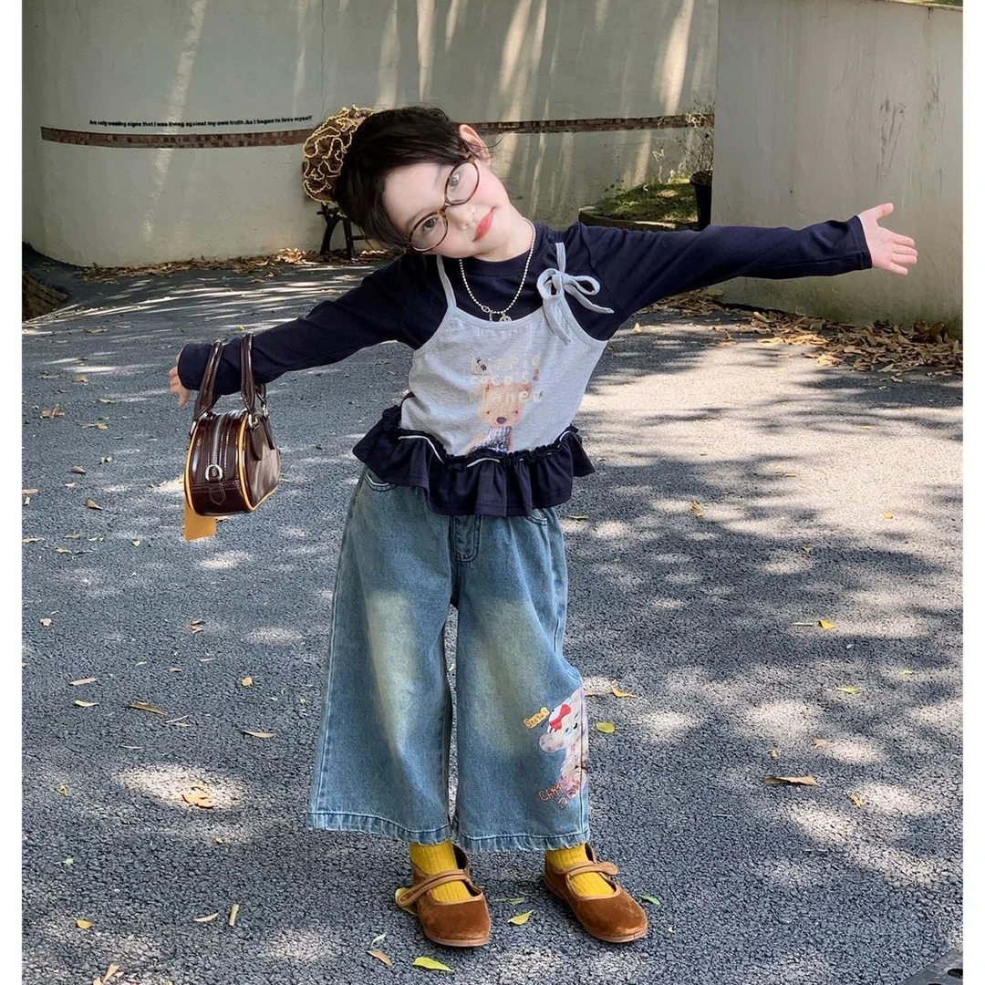 2025秋季女童韩版荷叶边吊带T恤儿童洋气卡通牛仔裤童装秋装套装