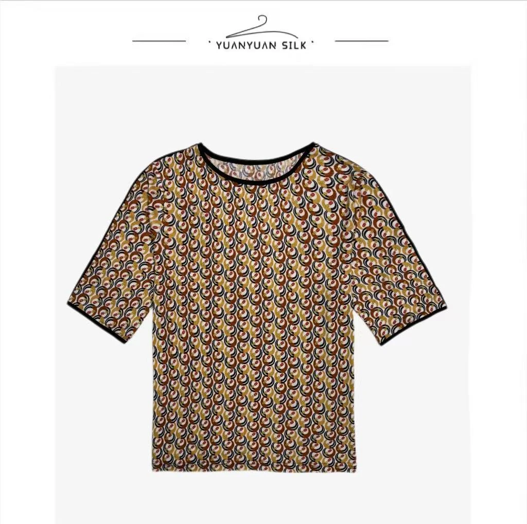 A【印花上新】100%桑针织蚕丝印花双面圆领镶边中袖上衣9462-3