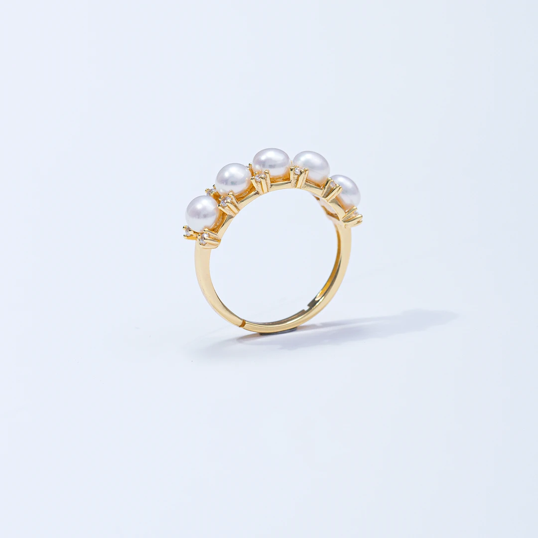 【吟吟甄选】天然淡水珍珠5珠戒指 4-5mm开口戒可调节