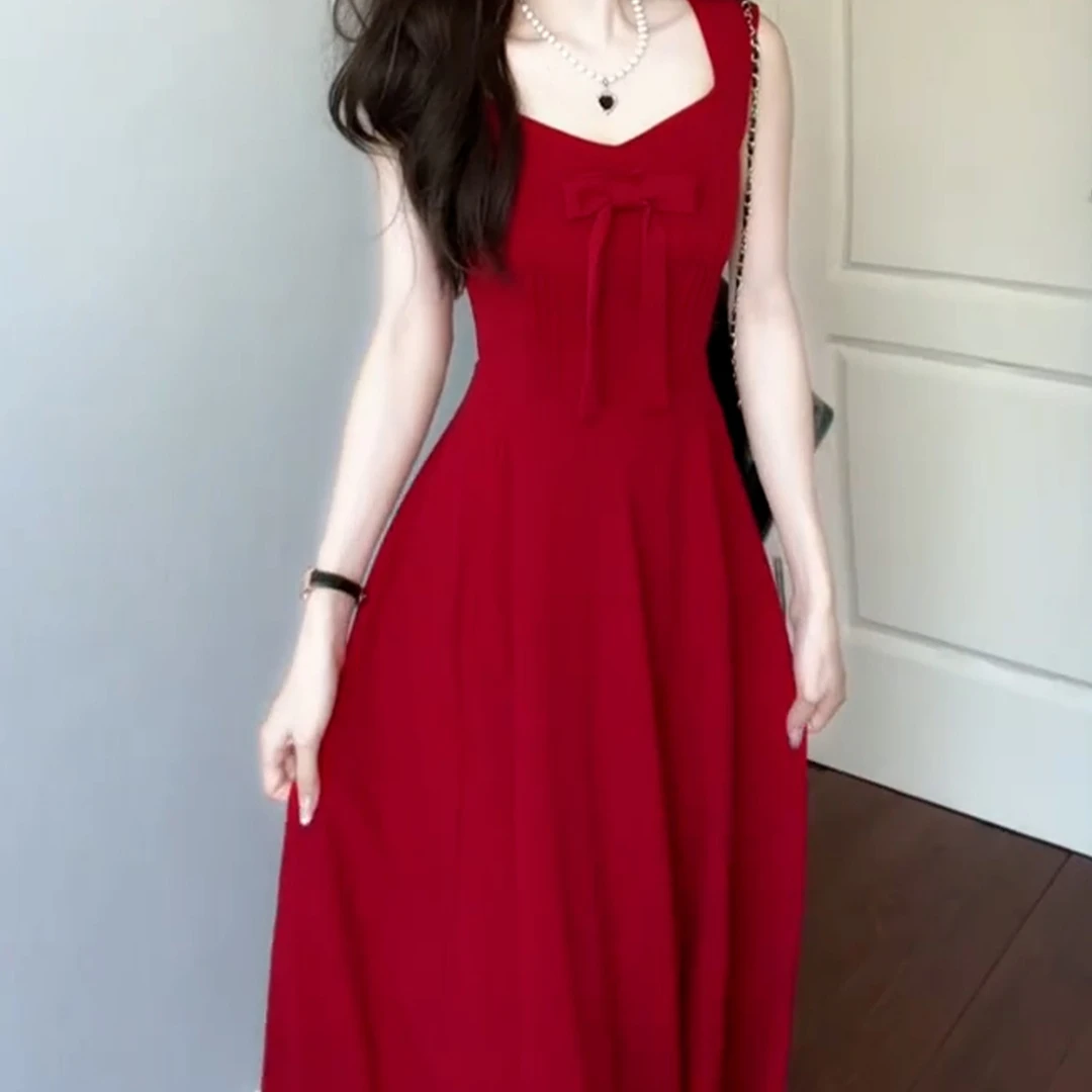法式红色蝴蝶结吊带连衣裙子夏季女生韩系ins衣服小个子收腰长裙