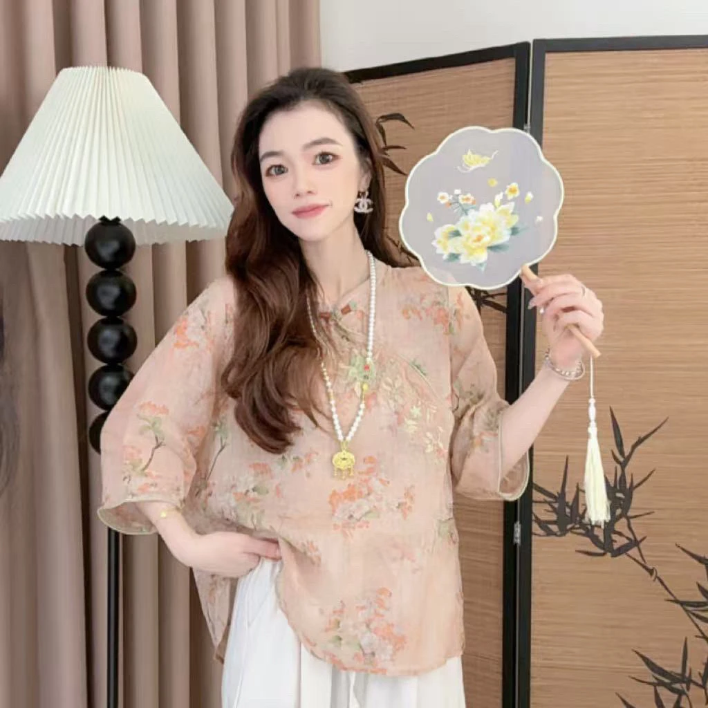 025夏季复古文艺刺绣麻纱国风宽松五分袖轻薄百搭衬衫