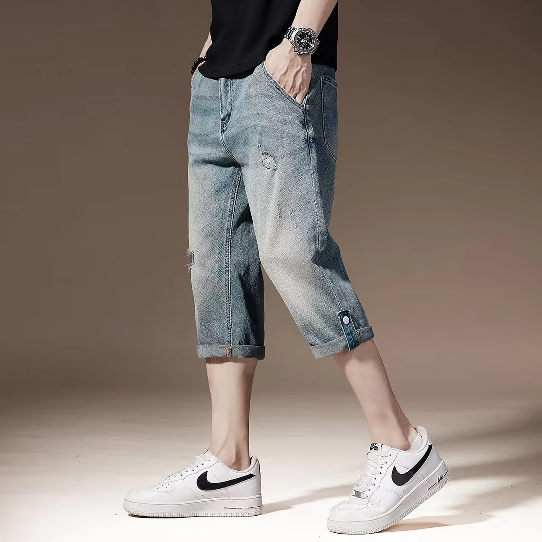 潮牌直筒破洞牛仔裤男士宽松夏季复古水洗高级感痞帅男裤子美式