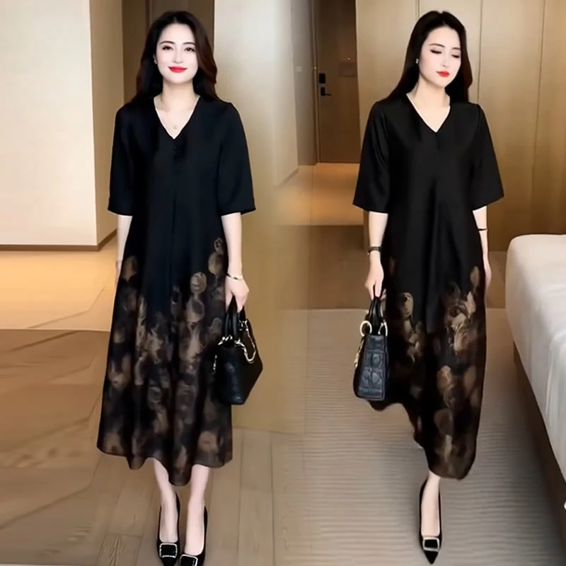 【有运费险】气质中老年印花连衣裙女2025春夏季新款宽松中长款裙子
