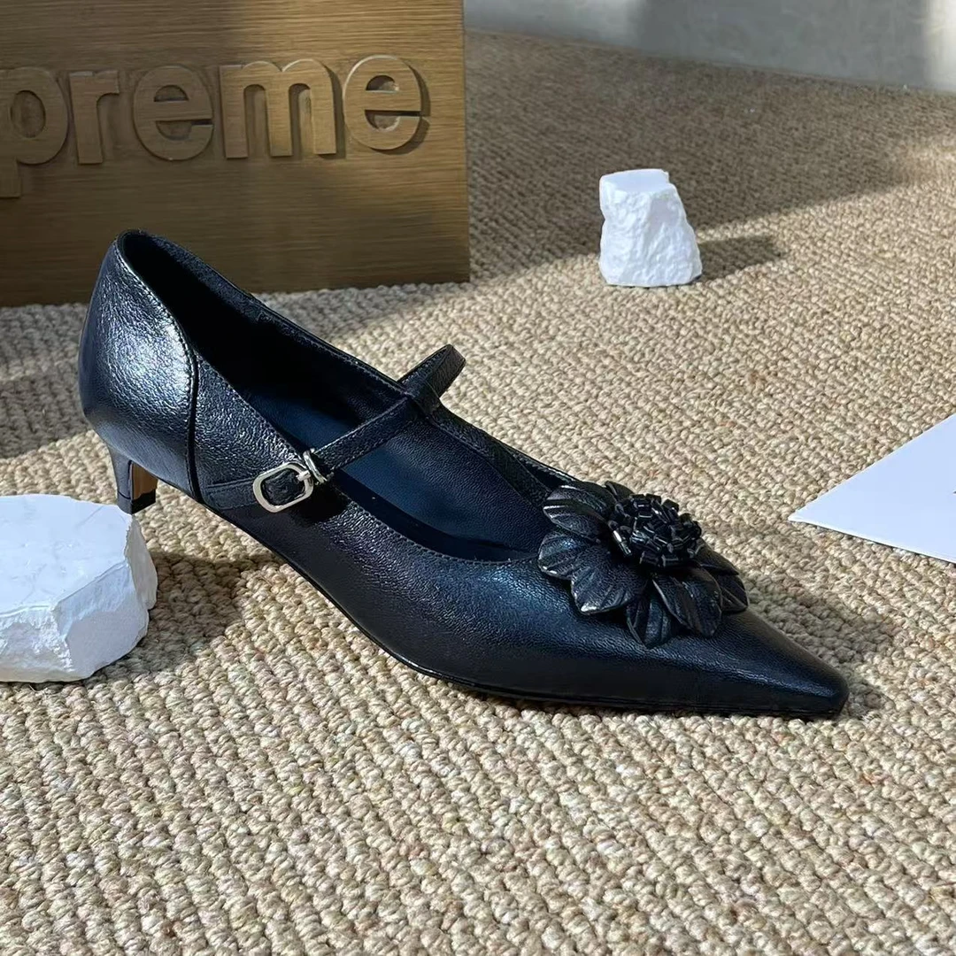 1138【花衾】春季新款小尖头花朵高跟浅口纯手工牛皮单鞋F跟高3CM