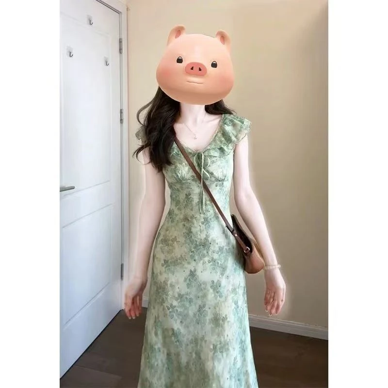 【KEKE】设计感连衣裙女2025夏季新款法式气质荷叶边无袖收腰碎花裙