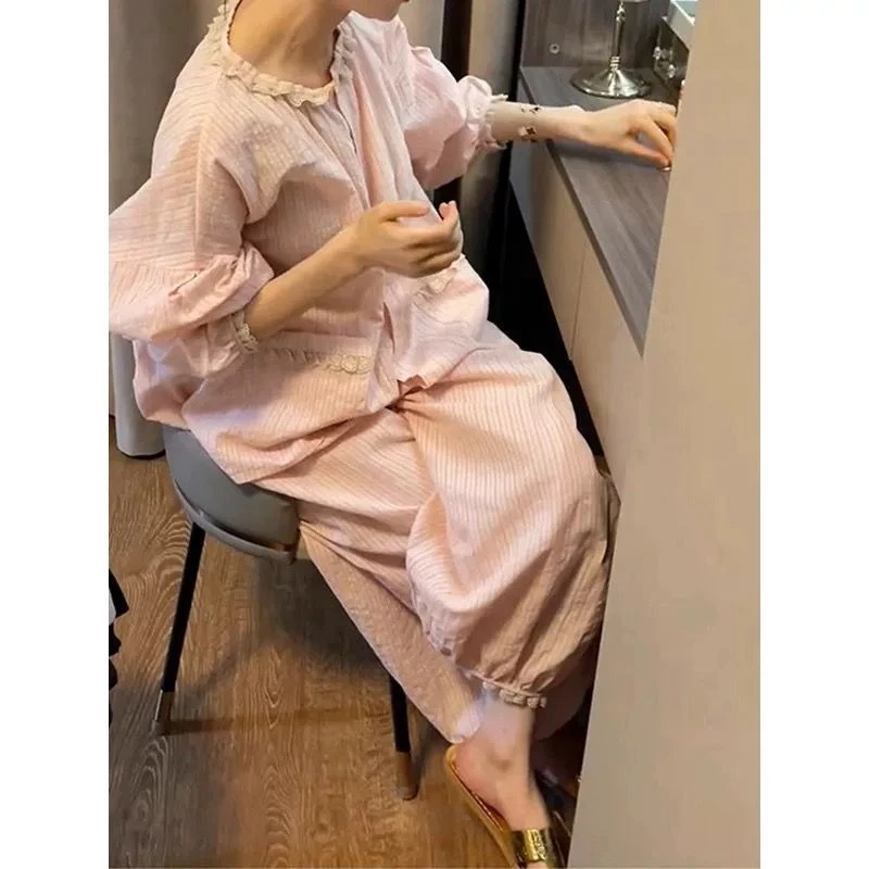 2025春秋休闲睡衣女甜美蕾丝灯笼袖拼接长袖长裤女士家居服套装