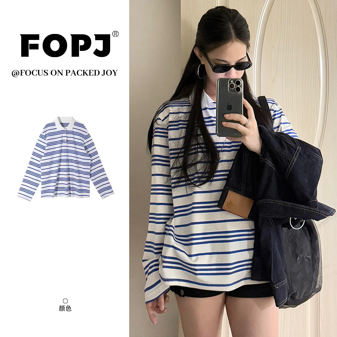 FOPJ美式复古蓝白条纹POLO领长袖t恤女设计感宽松百搭辣妹风上衣