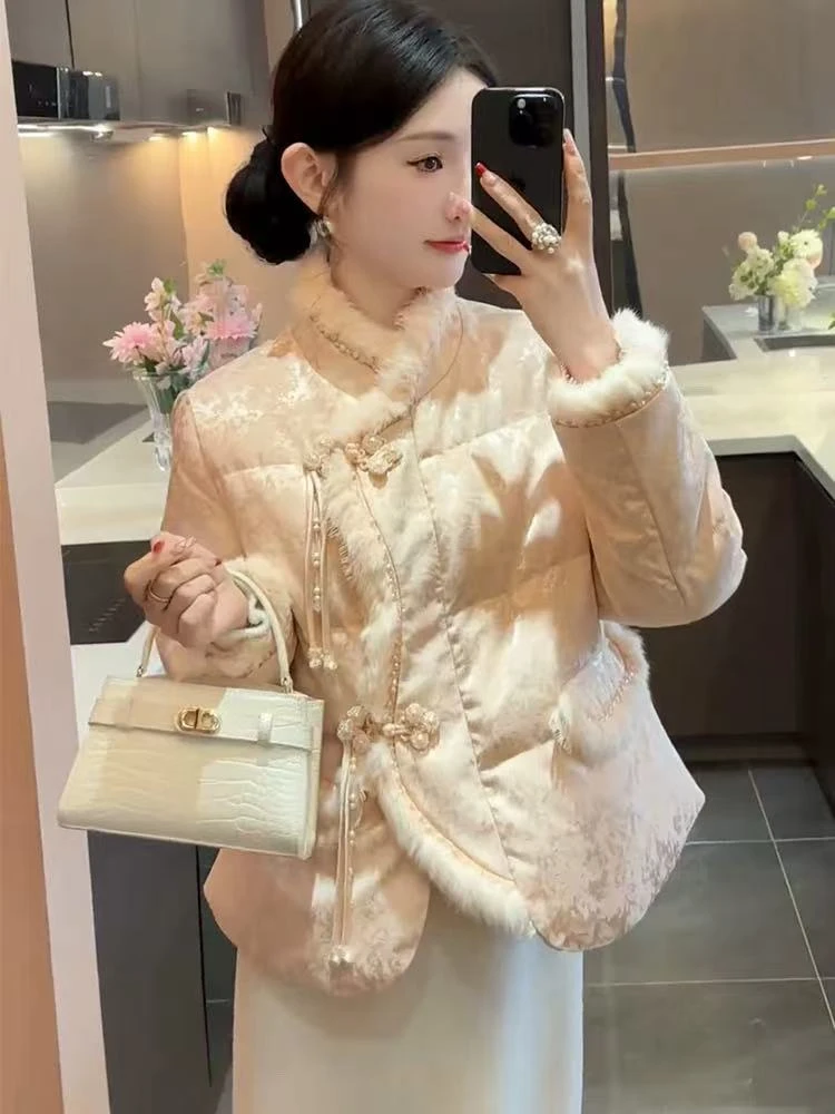 新中式国风羽绒服女2025新款加厚保暖白鸭绒韩版设计立领短款外套