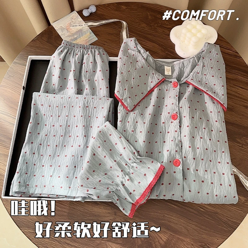 2025春秋新款娃娃领开衫家居服套装柔软波点简约花苞袖睡衣女冬天