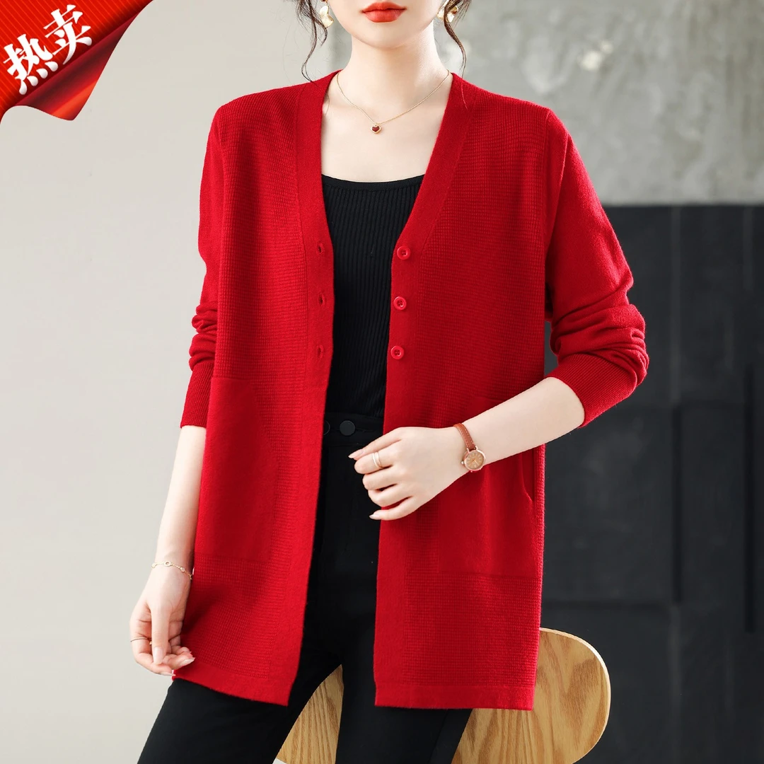 秋冬新品中长款羊毛针织开衫宽松韩版纯色显瘦大码妈妈装毛衣外套