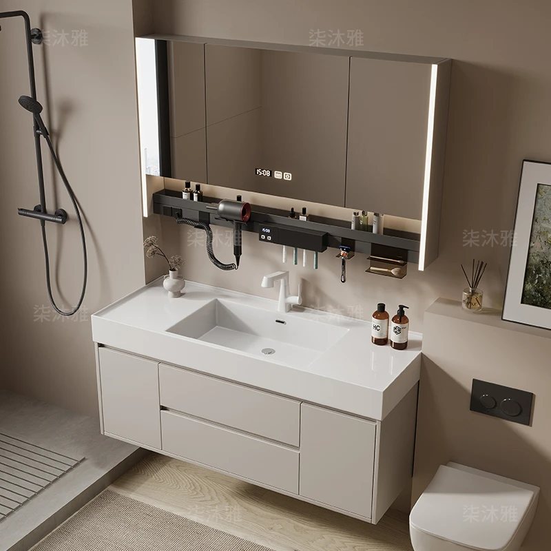 简约微晶石一体盆浴室柜组合多功能收纳智能镜柜卫生间洗漱台盆柜