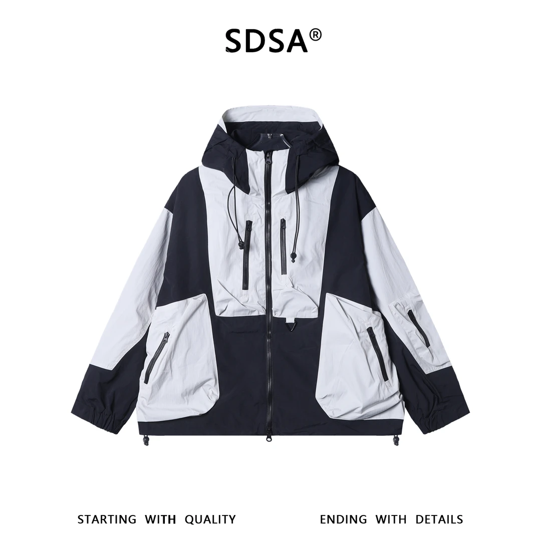 SDSA男士秋冬新款痞帅男装潮牌拼色机能风拉链立领连帽夹克外套