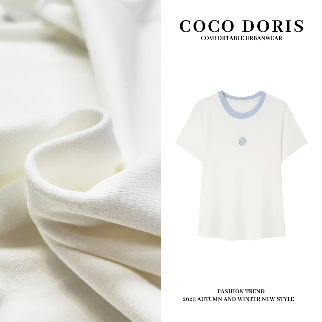 COCO DORIS撞色山茶花刺绣短袖T恤春夏时尚百搭高弹修身上衣2594