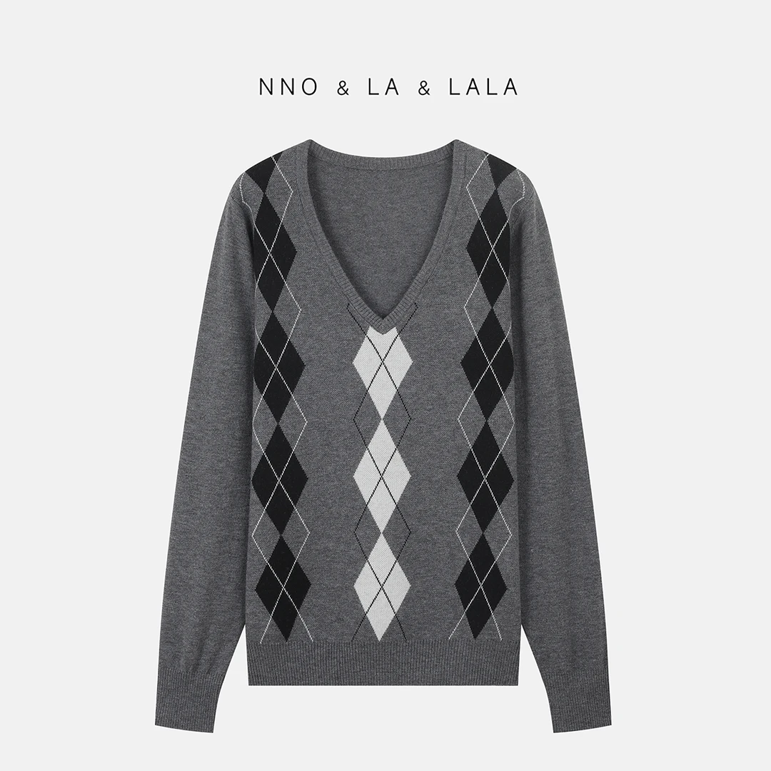 LA 撞色菱格 V领 针织上衣 26758