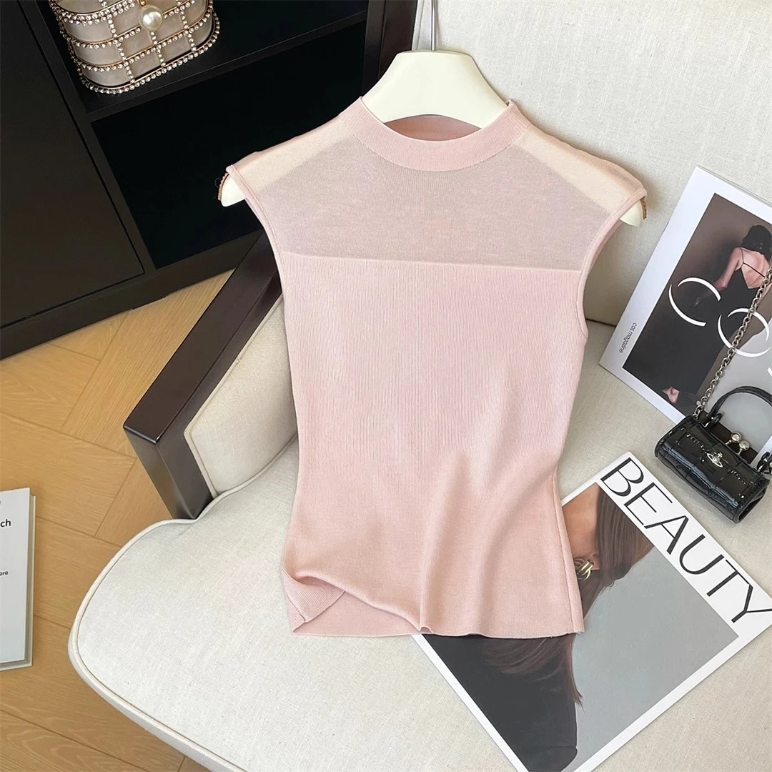 时尚简约百搭网纱拼接无袖针织T恤女夏季新款修身内搭坎肩打底衫