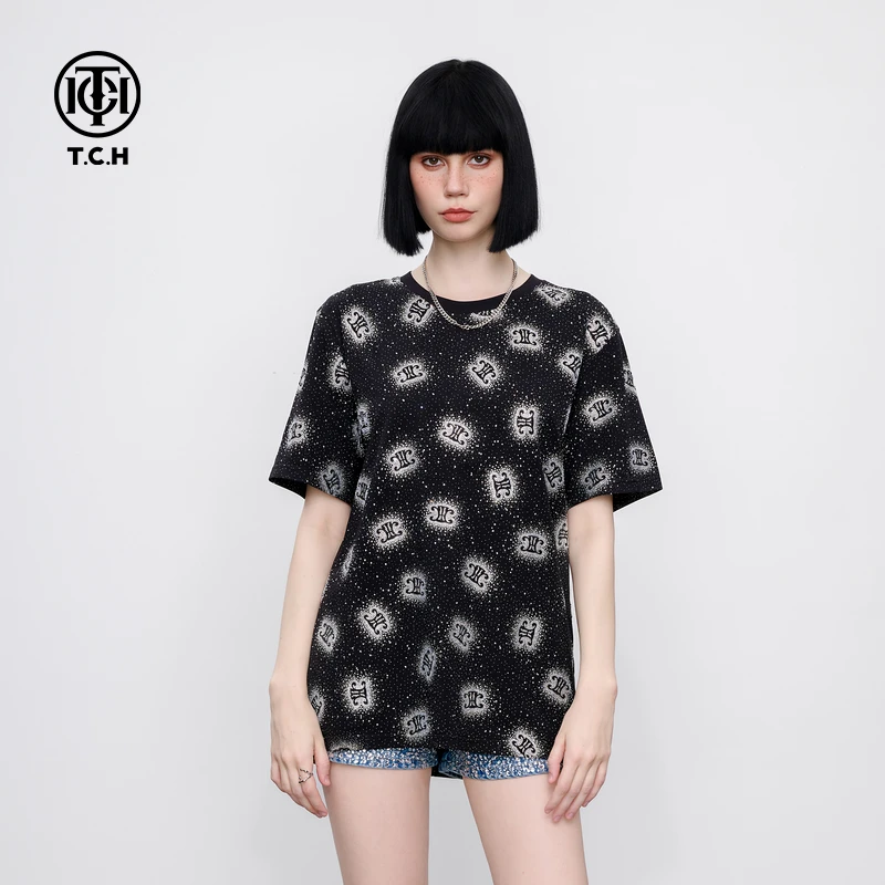TCH宽松休闲满印烫钻流行黑色短袖T恤男女同款25新款T75B106038
