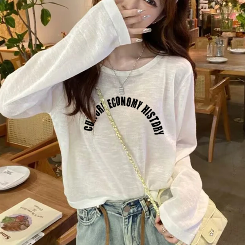 【退补4-6】雪花棉薄款防晒衫女夏季新款字母印花长袖t恤慵懒风上衣