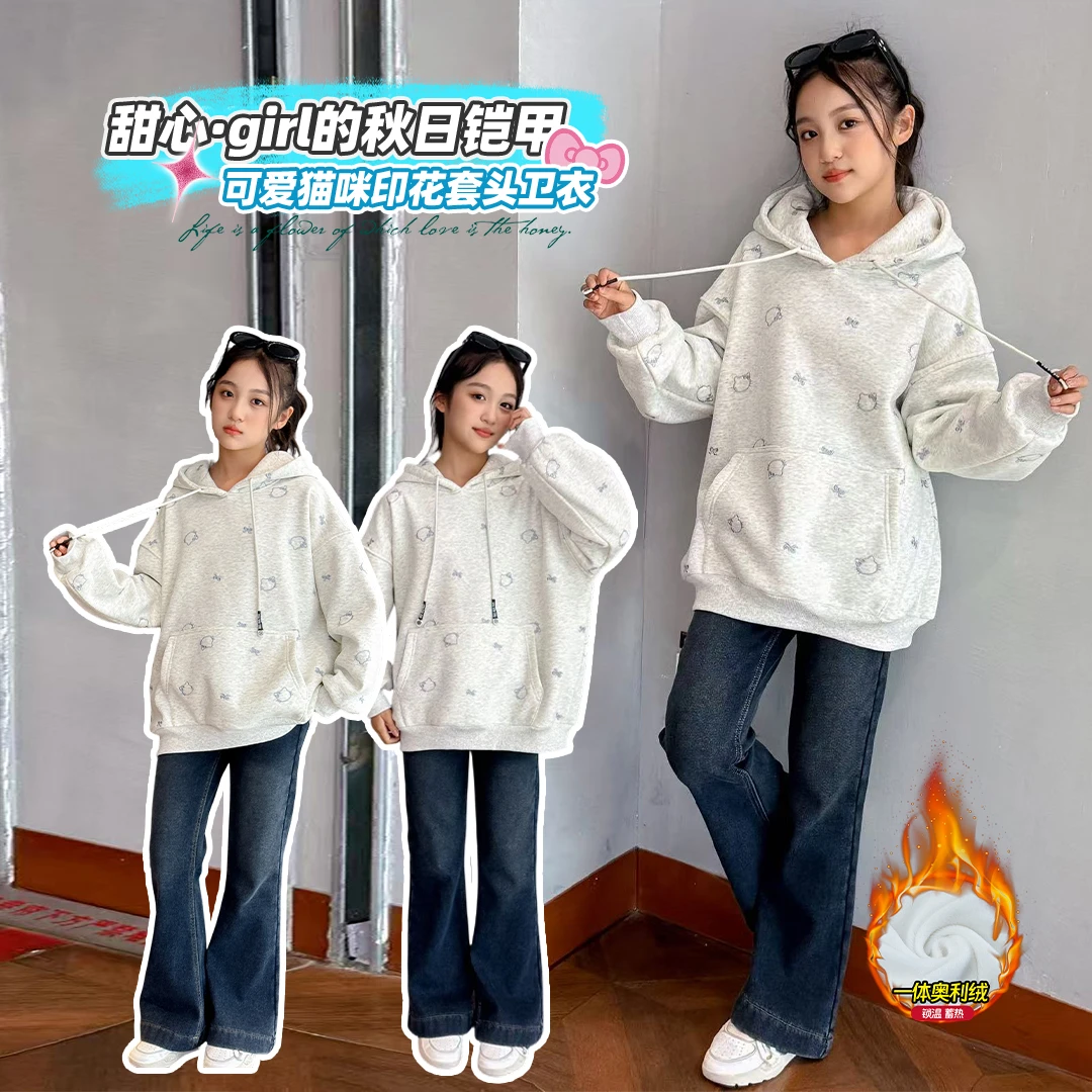 女童韩版卡通套头卫衣加绒加厚宽松休闲百搭洋气帽衫连帽卫衣新款