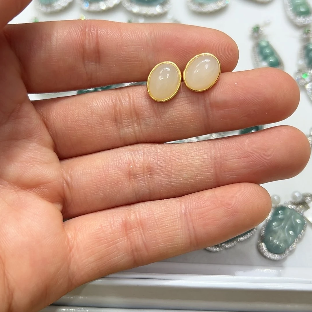 和田玉耳钉银S925镶嵌非*