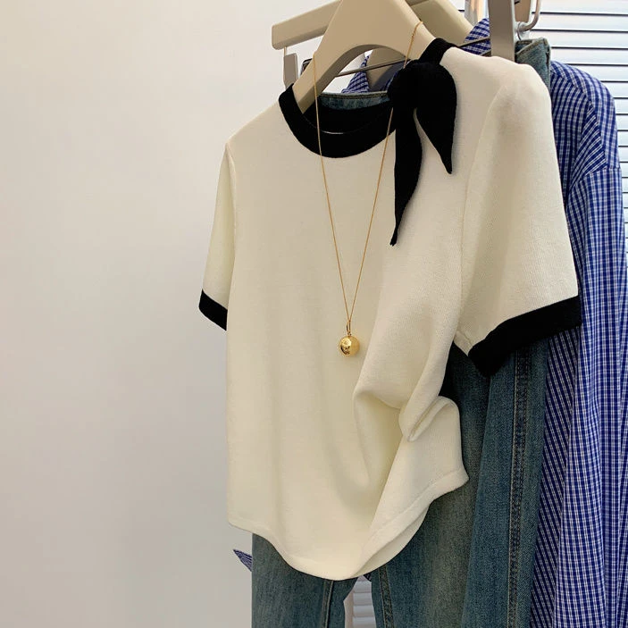 【80-180斤】撞色圆领系带短袖T恤女夏季薄款特色小衫洋气冰丝上衣