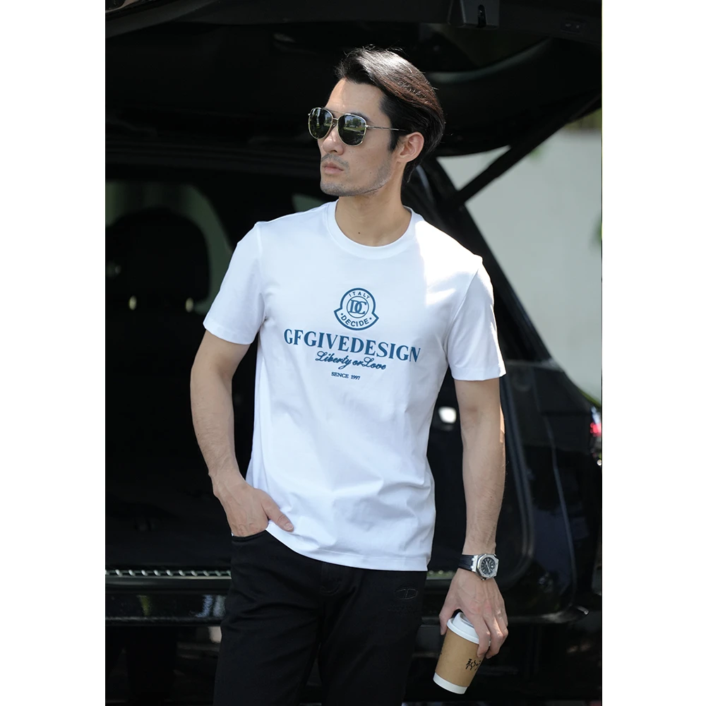 2025夏季醋酸T恤男士短袖字母圆领半袖休闲百搭男款中年BEC8331