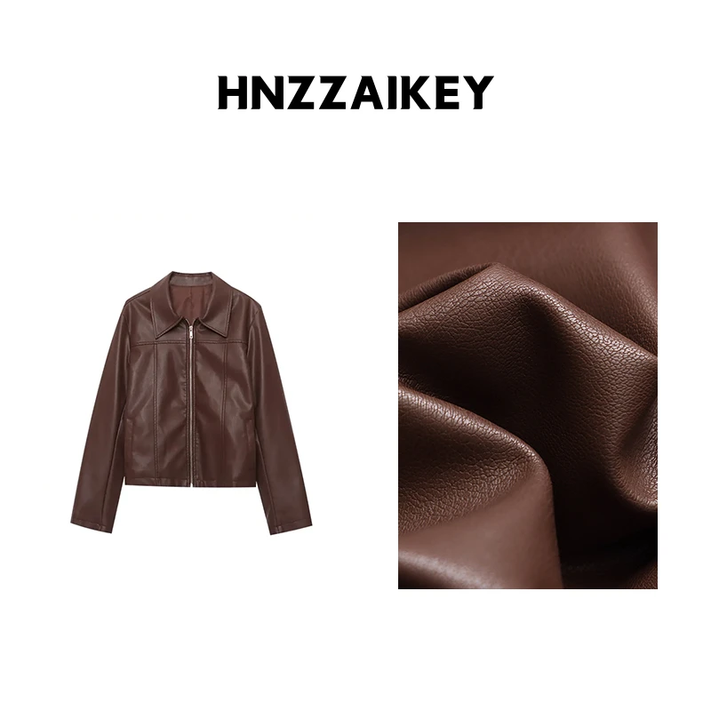 HNZZAIKEY 美拉德复古哑光PU皮翻领廓形短款皮衣外套 MQ0663