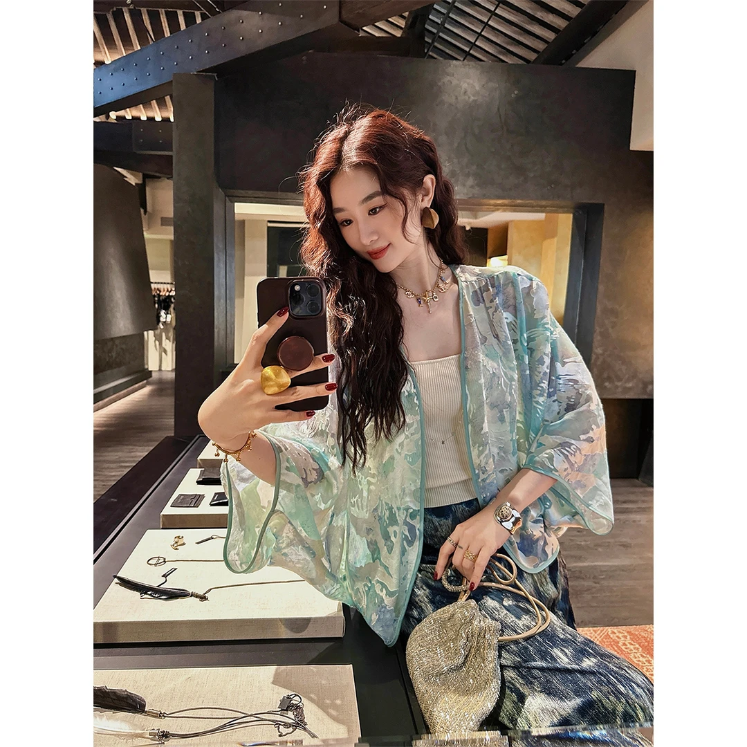 三吉黑花【碎碧】国风新中式上衣人丝烧花短袖衬衫外套女防晒洋气