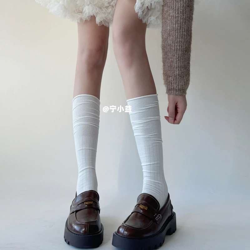 宁小益 miu系卷边小腿袜子女春秋薄款竖条纹显瘦芭蕾风中筒堆堆袜
