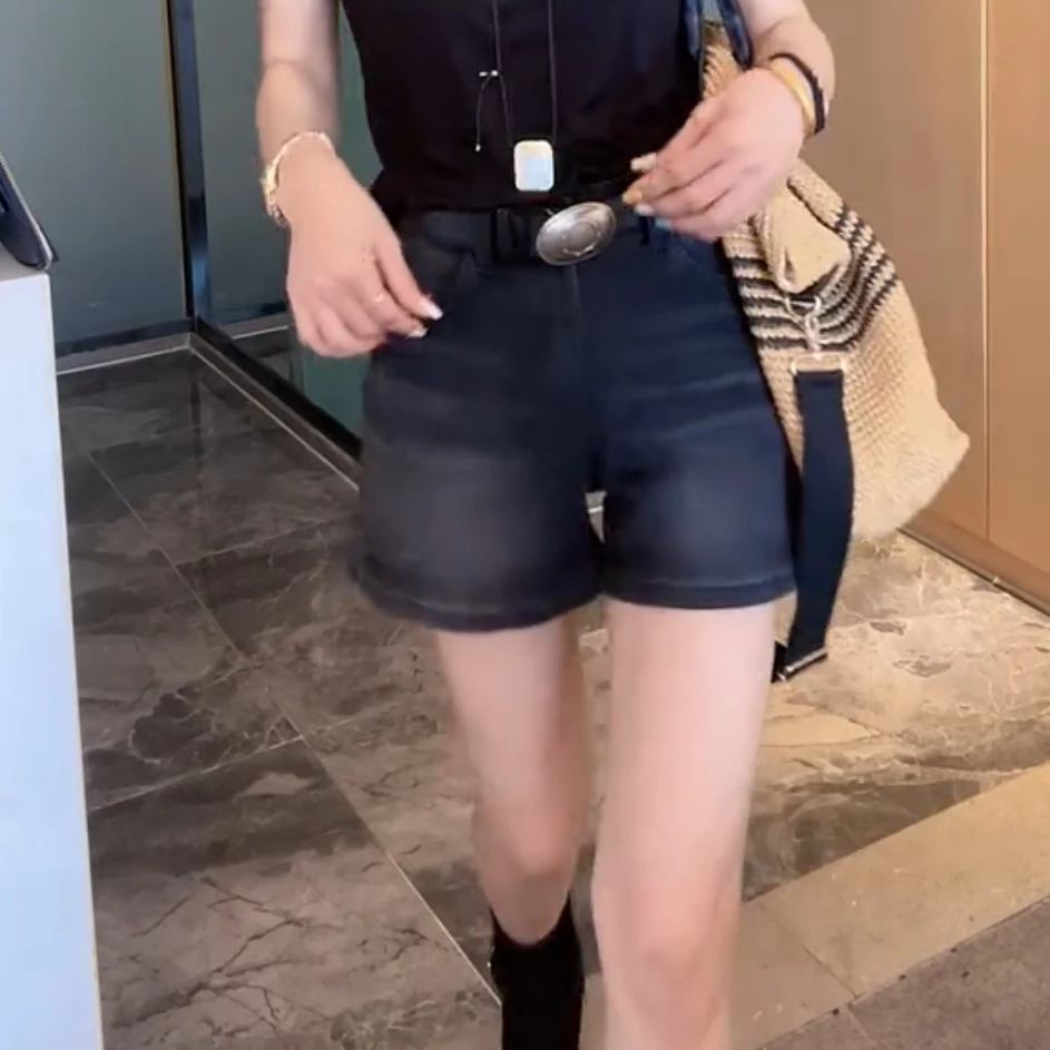 2025新款夏装韩版女装高腰宽松显瘦阔腿裤A字型牛仔短裤热裤洋气