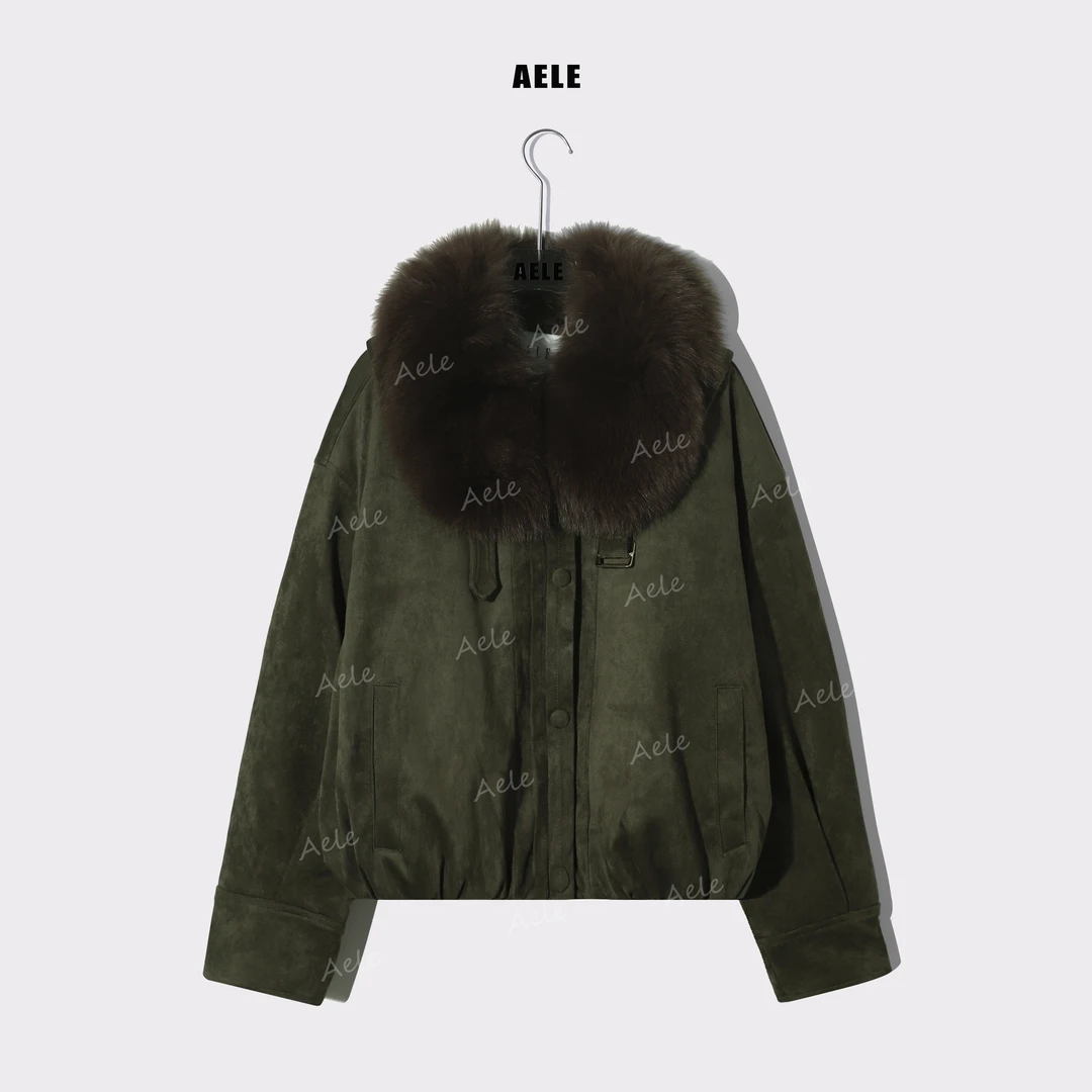 AELE复古女仿麂皮狐狸毛单排扣宽松保暖鹅绒短外套 P855 3826 AD