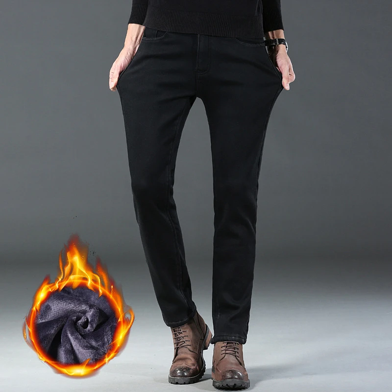 TUCANO/啄木鳥加厚黑色冬加绒牛仔裤直筒长裤弹力保暖修身百搭