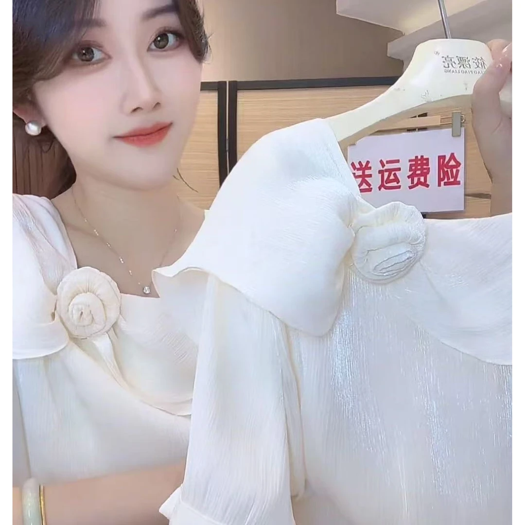 【625】修身显瘦不规则立体花朵纯色套头短袖雪纺衫女夏季