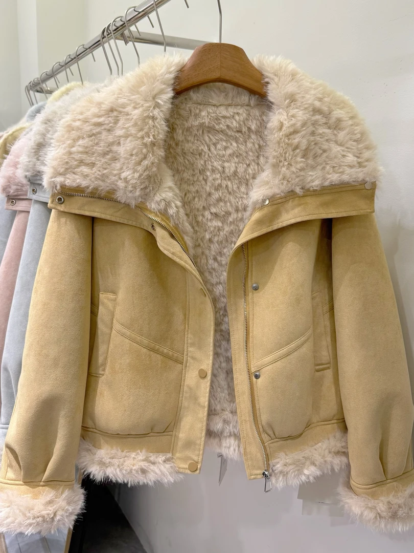 2025冬季新款韩版宽松休闲百搭大翻领羊羔毛皮毛一体短款毛毛外套