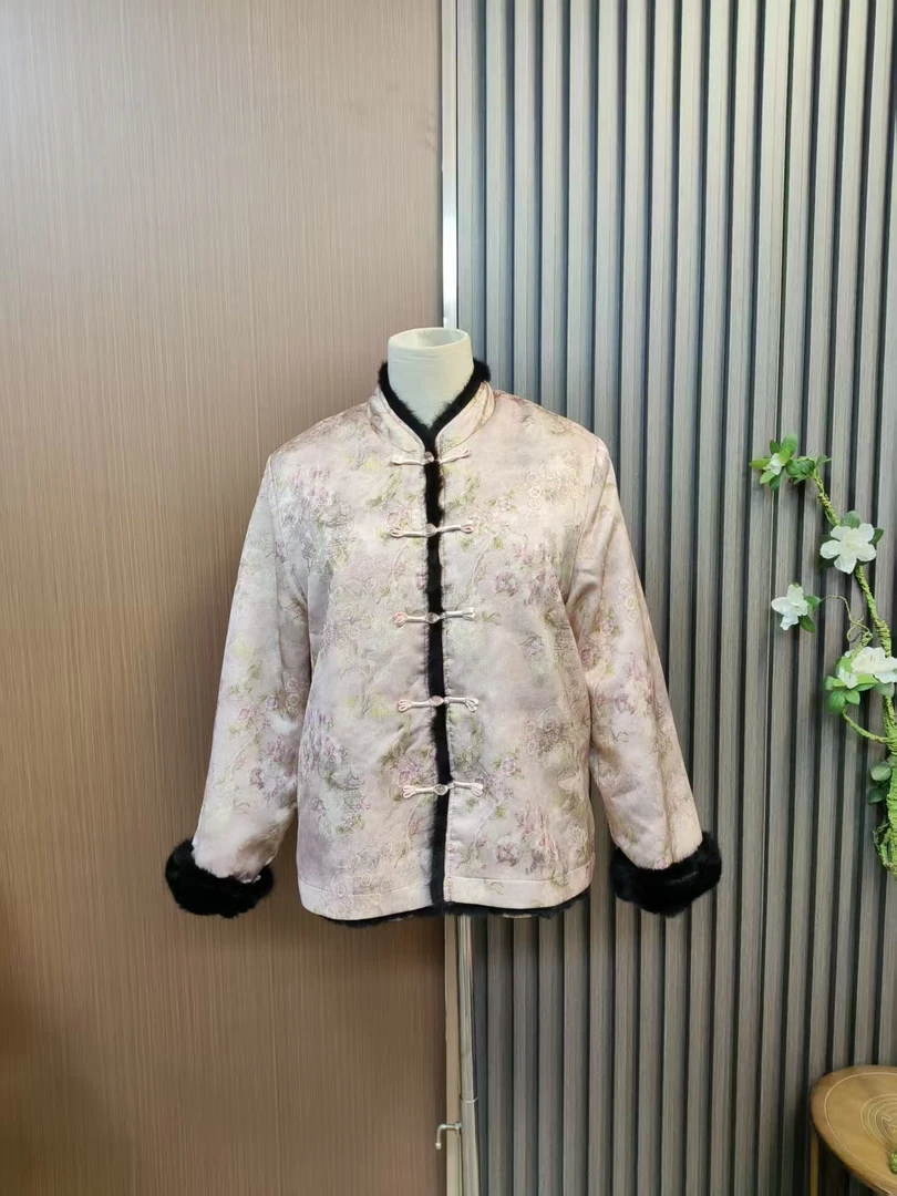 【粉桃花】水貂毛冬季新款外套新中式香云纱上衣时尚百搭双面穿