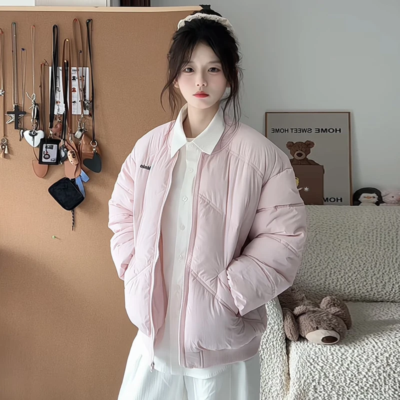 粉色棒球服加厚外套女秋冬款百搭宽松手塞棉纯色洋气韩版棉衣棉服