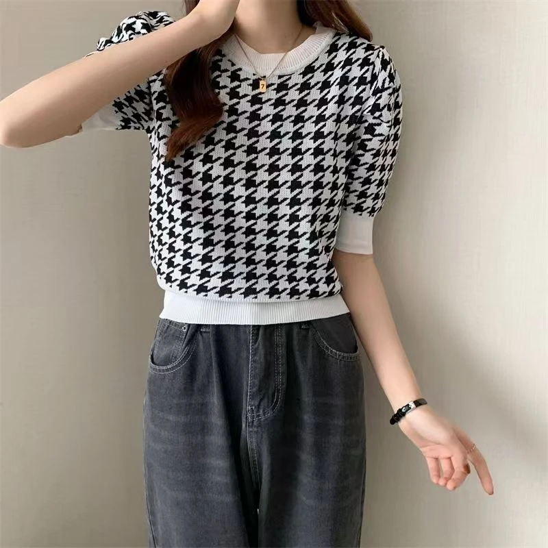 1-100针织夏季短款百搭复古小众宽松黑白格子千鸟格