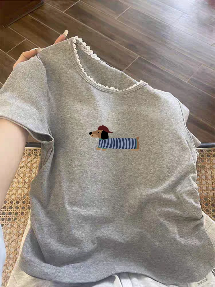 修身时尚百搭褶皱收腰短款上衣设计感蕾丝花边正肩短袖t恤女夏季