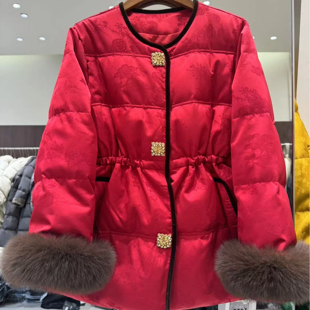 928 新中式国风提花狐狸毛羽绒服外套女冬季收腰中长款