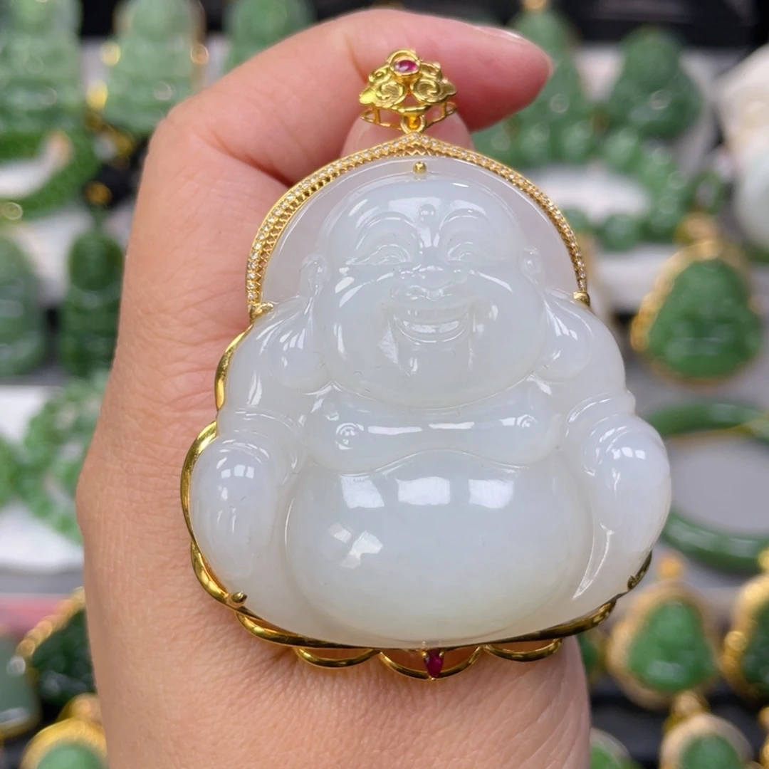 和田玉（碧玉）18K金镶嵌吊坠(不含链)