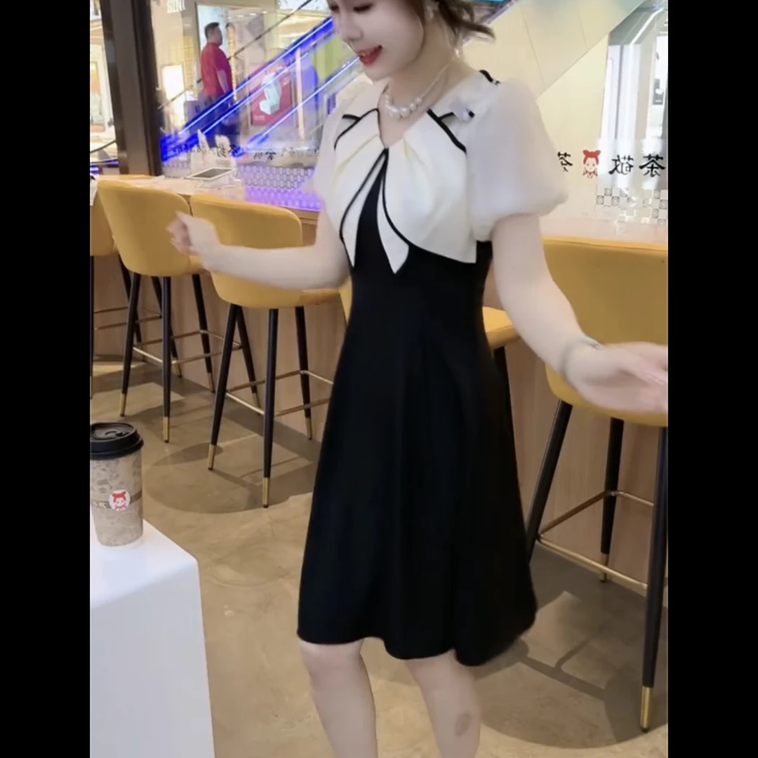 夏季新款蝴蝶假两件显瘦连衣裙