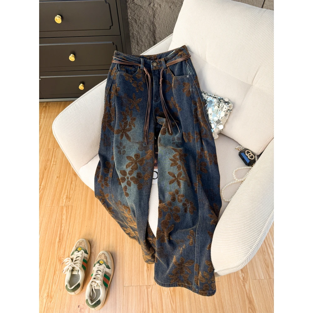 官图秋冬雪尼尔厚料复古提花牛仔裤女高腰显瘦型好裤子直筒阔腿裤