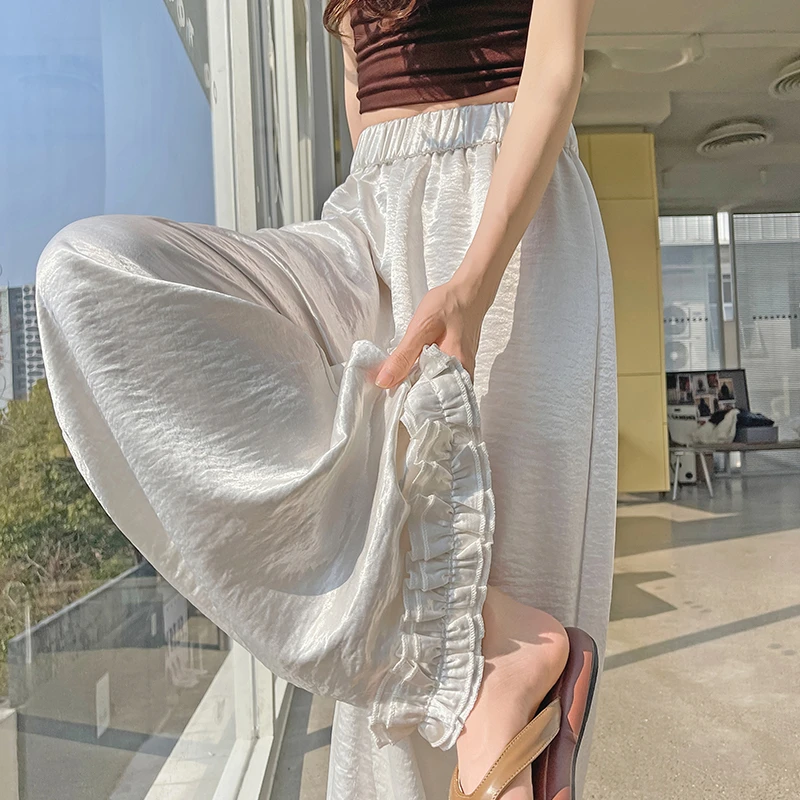冰丝醋酸缎面阔腿裤女夏季薄款花边裤子高腰宽松垂感休闲拖地长裤