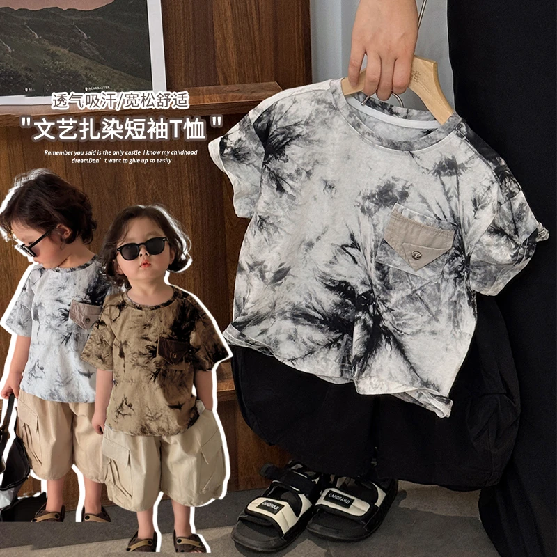 《主播力推》森系男童女童复古风扎染25XL1084圆领短袖T恤夏季半袖