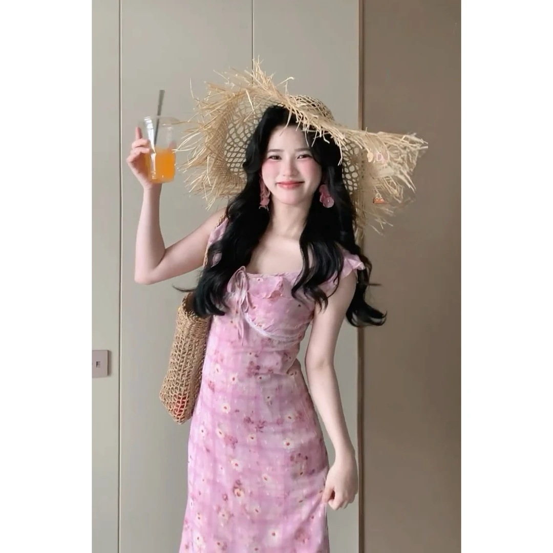 「海边度假」粉色碎花吊带连衣裙夏季气质绝美法式长裙子