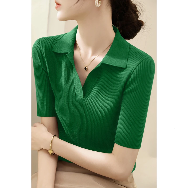 夏季2025新款莱赛尔天丝V领打底上衣OLO领五分袖修身显瘦针织衫女